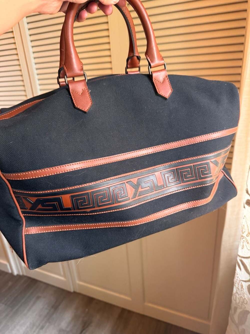 Yves Saint Laurent Vintage YSL Monogram Greek Key Canvas Boston Travel Bag Black